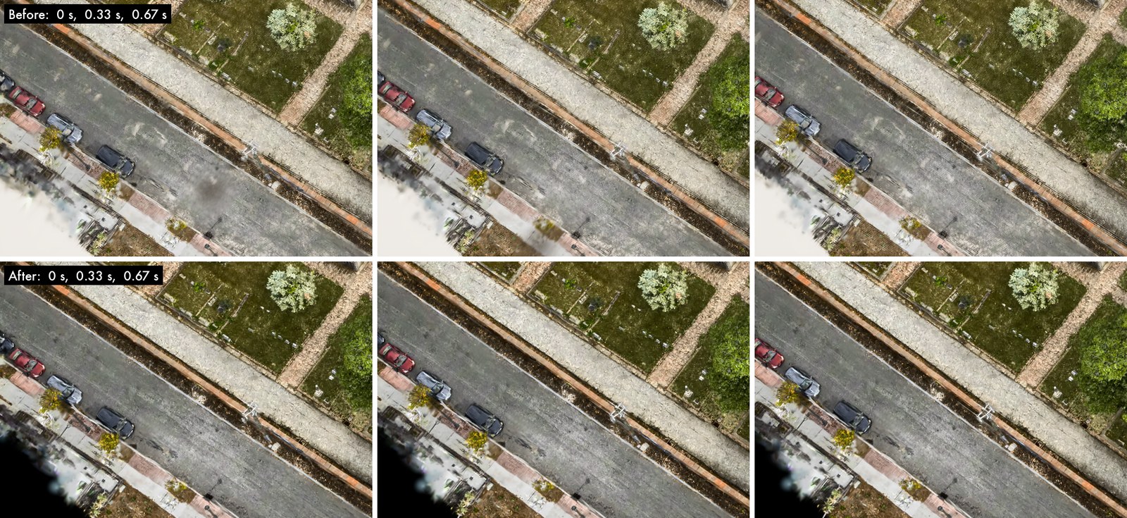 Shimmering road before and after